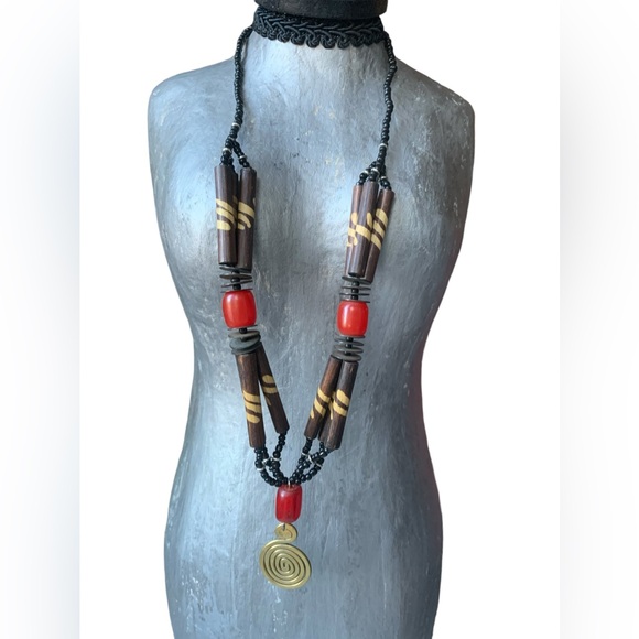 Tribal Vortex Dark Brown Wooden Beads Red Beaded Woman’s Necklace Jewelry - Picture 1 of 9